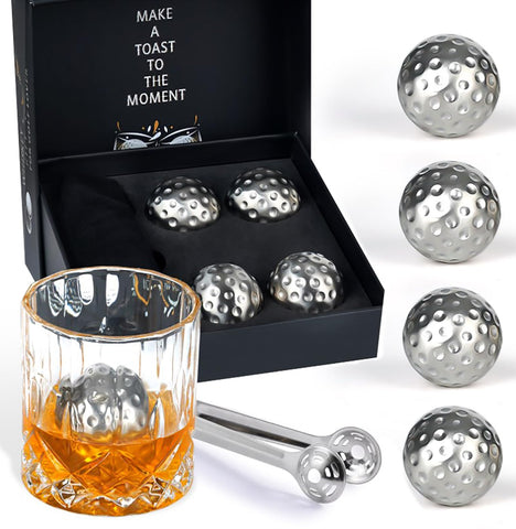 PONPUR Golf Gifts for Men Golfer, 4X Whiskey Golf Balls with 1 Tongs, Birthday, Anniversary, for Dad Him Husband, Reusable Stainless Steel Golf Ice Balls Whiskey Gift for Golf Lover