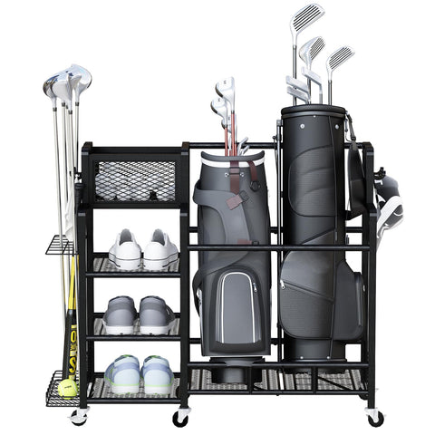 Recaceik Golf Storage Garage Organizer Large Size,Golf Bag Storage Stand 2 and Other Golfing Accessories Rack, Metal with Wheels Golf Club Storage for Garage Shed and Basement (Black)