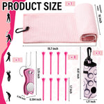 Liliful 12 Pcs Golf Accessories Kit, Include Golf Tees Towel Ball Bag with Hook Cleaner Brush Divot Tool with Magnetic Ball Marker for Women Man Gifts(Pink)