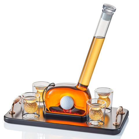 CRAFTGEN Golf Whiskey Decanter Set with 4 Golf Ball Shot Glasses, Unique Golf Accessories Gifts for Men, 750ml Glass Golf Themed Liquor Dispenser for Bourbon, Scotch, Vodka, Tequila