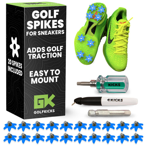 Golfkicks DIY Golf Shoe Cleats Kit – Transform Your Sneakers into Golf Shoes – Fun Gift – Cleats Compatible with Flat Rubber Sole Shoes – Includes 20 Golf Spikes for Any Shoe and Mounting Tools