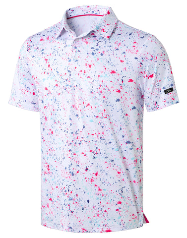 Obla Mens Golf Polo Shirts Short Sleeve Dry Fit Performance Moisture Wicking Casual Print Collared Golf Shirts for Men(White Colored Dots_L)