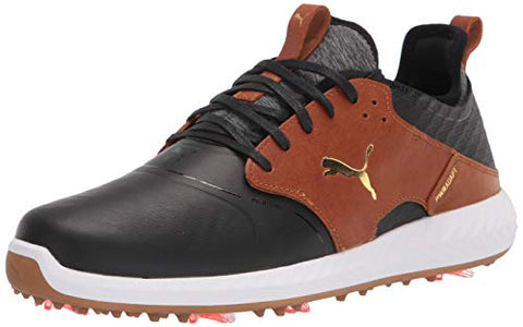 Puma Men's Ignite Pwradapt Caged Crafted Golf Shoe, Puma Black-Leather Brown-Puma Team Gold, 14