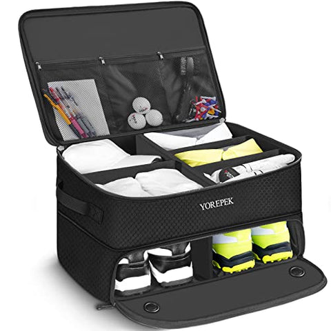 YOREPEK 2 Layer Golf Trunk Organizer, Waterproof Car Golf Locker with Separate Ventilated Compartment for 2 Pair Shoes, Durable Golf Trunk Storage for Balls, Tees, Gloves, Accessories, Golf Gifts