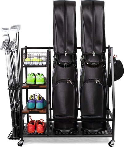 Sttoraboks Golf Bags Storage Garage Organizer, Golf Bag Rack Fits 2/3 Golf Bags and Golf Equipment Accessories, Golf Club Storage Stand with Wooden Shelf and Lockable Wheels for Garage Indoor Basement